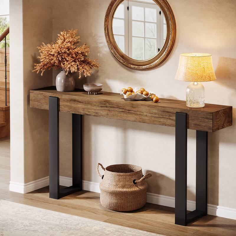 63-Inch Solid Wood Sofa Table Behind the Couch with Metal Support