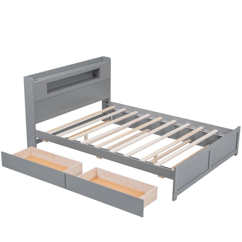 Queen Size Platform Bed with LED Headboard & 2 Drawers & Trundle, Grey
