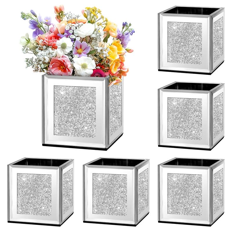 Square Mirrored Glass Table Vase (Set of 6) - Silver
