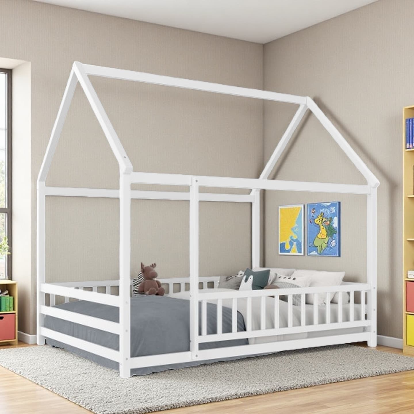 Twin House-Style Floor Bed Frame with Roof Canopy, Solid Wood Kids Bed with Safety Guardrails and Open Entry