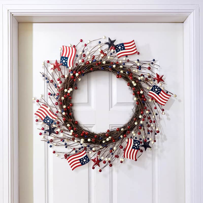 Glitzhome Americana Flag Patriotic Round/Heart Berry Wreaths