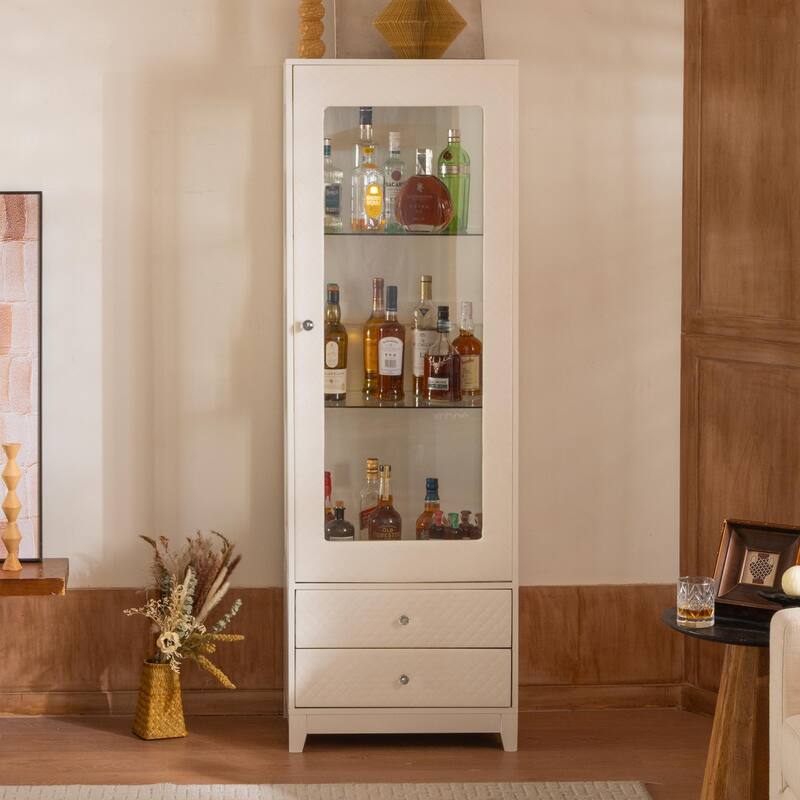 Anmytek 71'' Freestanding Upholstered Display Cabinet, Upholstered Glass Door Cabinet with Ceiling Light,Wine Cabinet