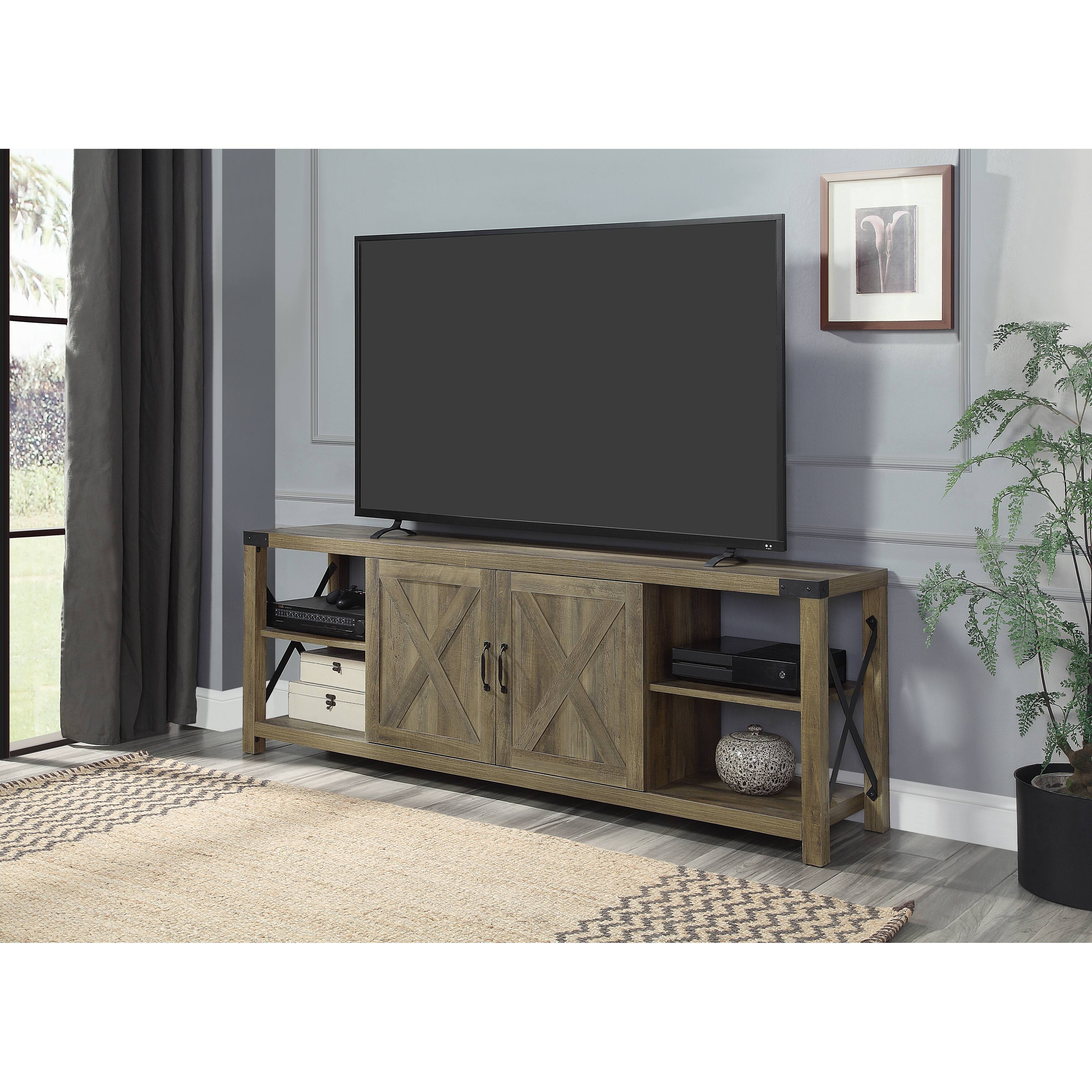71'' Industrial TV Stand in Rustic Oak Finish, Rectangular with 4