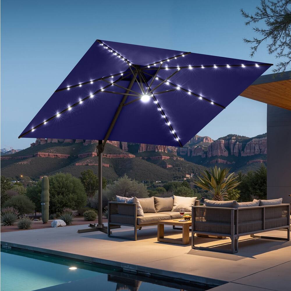 11 FT Outdoor Solar Powered LED Patio Cantilever Umbrella Double Top Square Umbrella