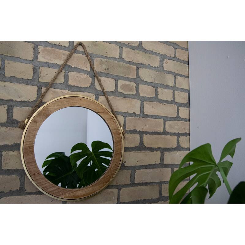 Foreside Home & Garden 15.25 inch Diameter Round Wood Wall Mirror with Hanging Rope - Multi
