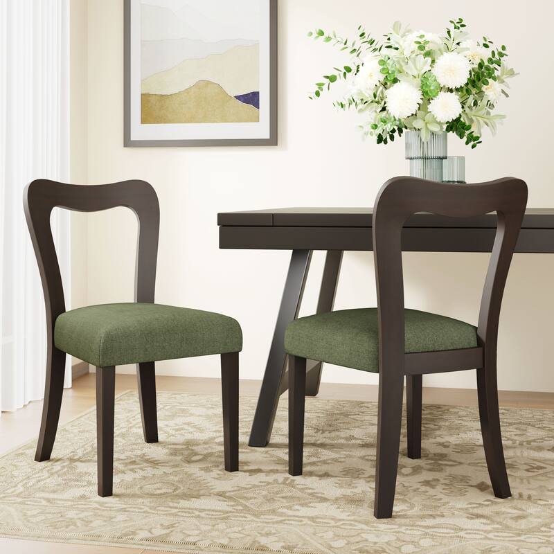 Contemporary Wooden Frame Armless Dining Chair with Open Back(Set of 2） - Dark Brown+Green