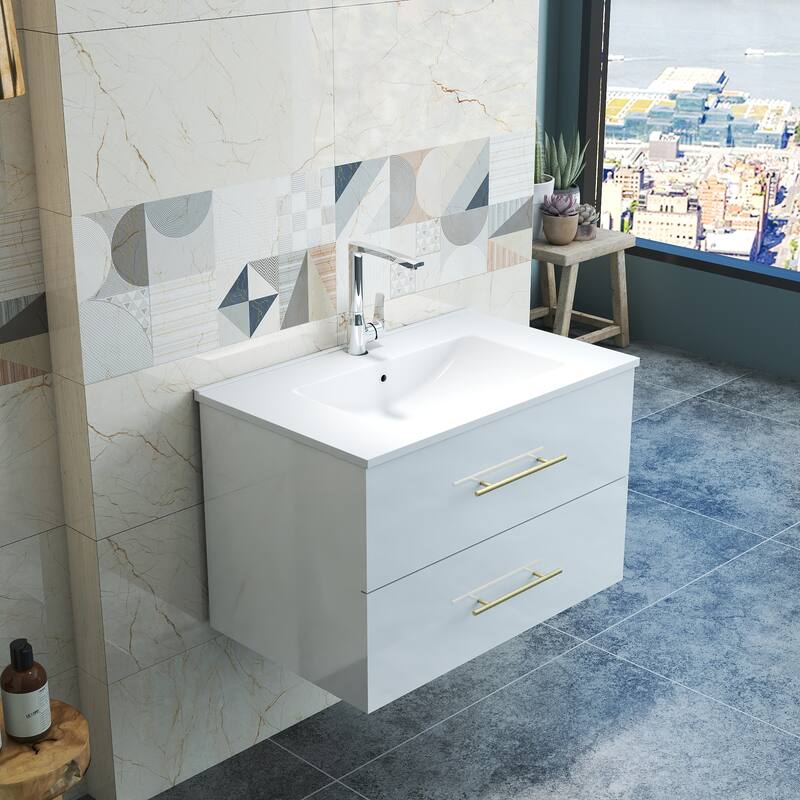 30-Inch Gloss Wall-Mounted Bathroom Vanity with Sink Combo, Double Drawers,Ceramic Sink,Long Metal Handle