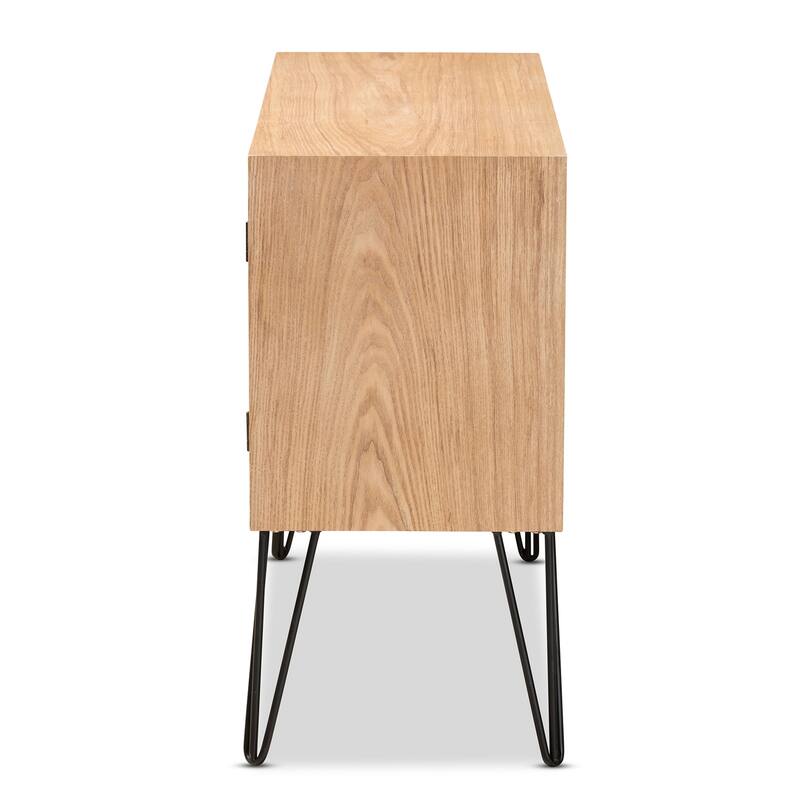 Modern Two-Tone Walnut and Black Wood Storage Cabinet - Stylish Organizer with Metal Legs and Door Handles