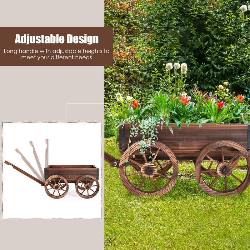 Costway Wood Wagon Flower Planter Pot Stand W/Wheels Home Garden