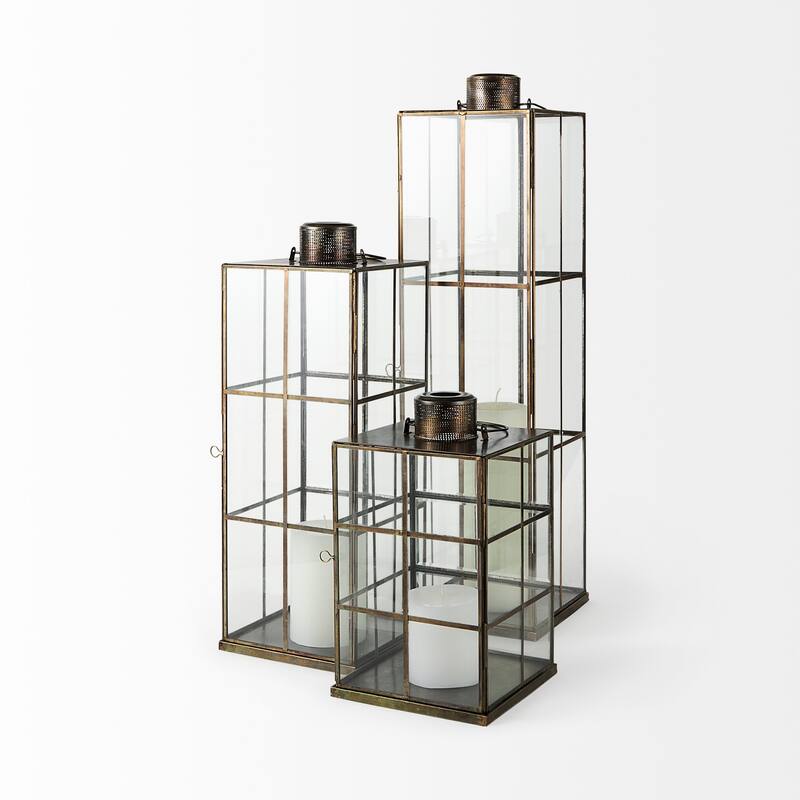 Grimwig Large Gold Metal & Glass Square Candle Holder Lantern