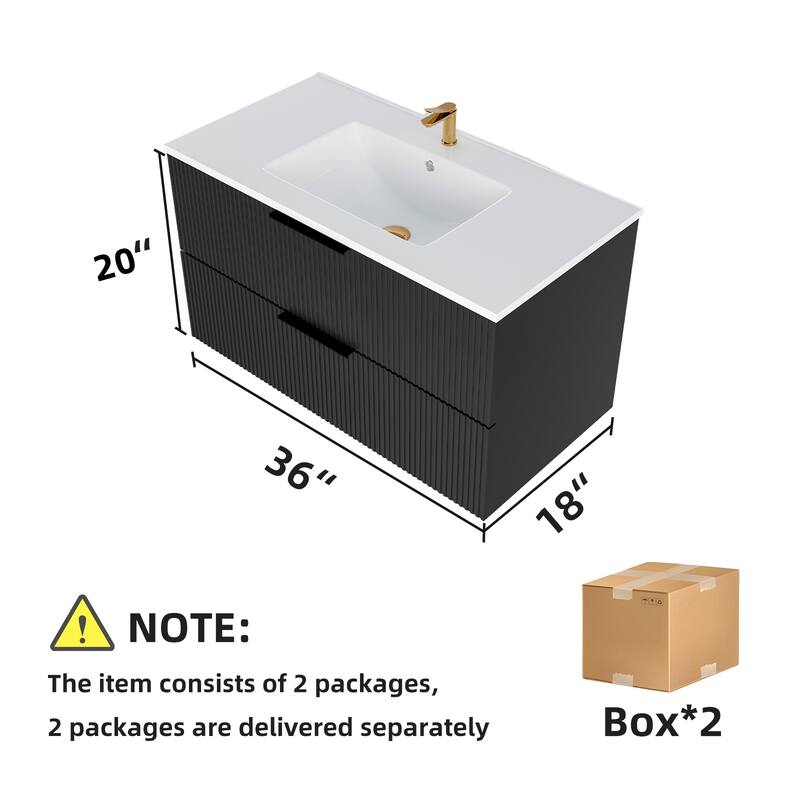 36 Inch Floating Bathroom Vanity with Ceramic Sink, Wall Mounted Fluted Cabinet with 2 Drawers, Modern MDF Design