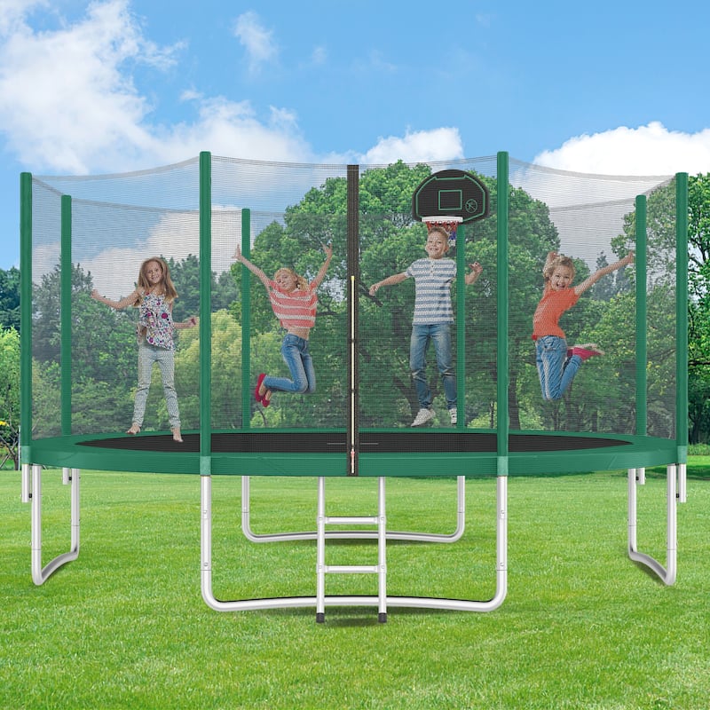 14FT Kids Trampoline with Safety Net Basketball Hoop Ladder Easy Assembly Round Outdoor