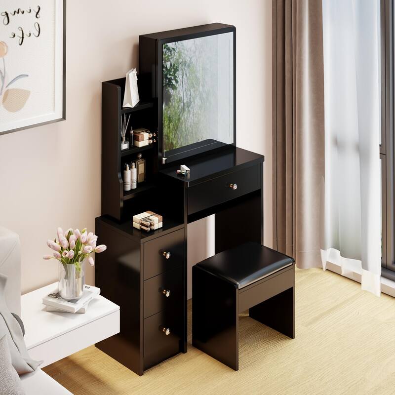 29.2" Small Space Left Bedside Cabinet Vanity Table + Cushioned Stool