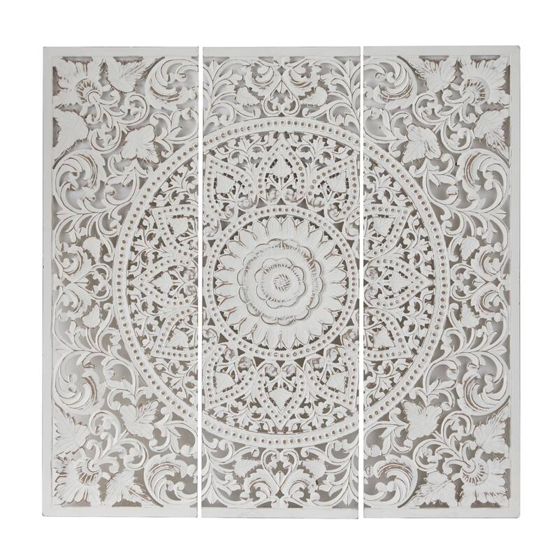 Wooden Floral Handmade Intricately Carved Home Wall Decor with Mandala Design - Set of 3 White - Roche River Decor - White - 16"W, 48"H