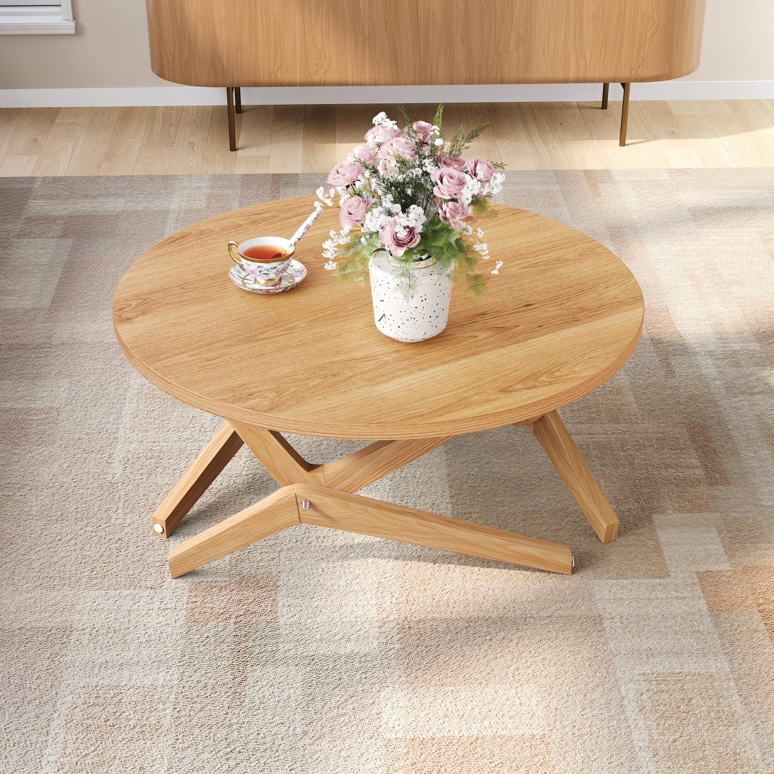 Round Coffee Table Center Table with Adjustable Height, Natural Cocktail Table Side Table Sofa Table