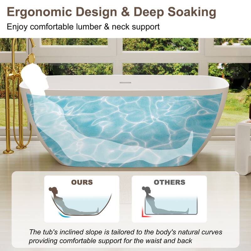 59 in. Freestanding Solid Surface Soaking Bathtub in Matte White, Modern Oval Design with Center Drain