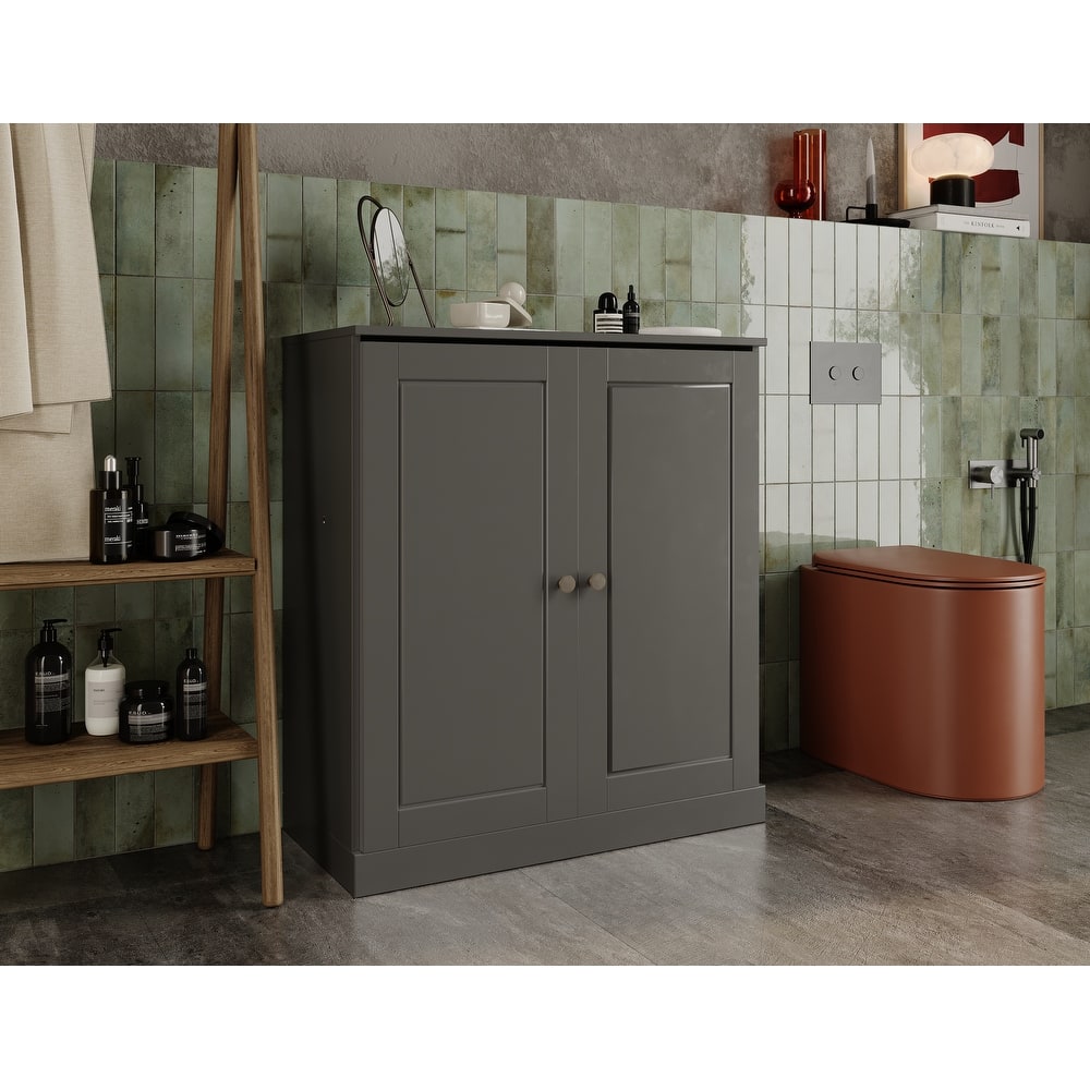 100% Solid Wood Short Freestanding Bathroom Linen Cabinet with Doors, Adjustable Shelves, Modular Storage, 32" W x 35.75" H