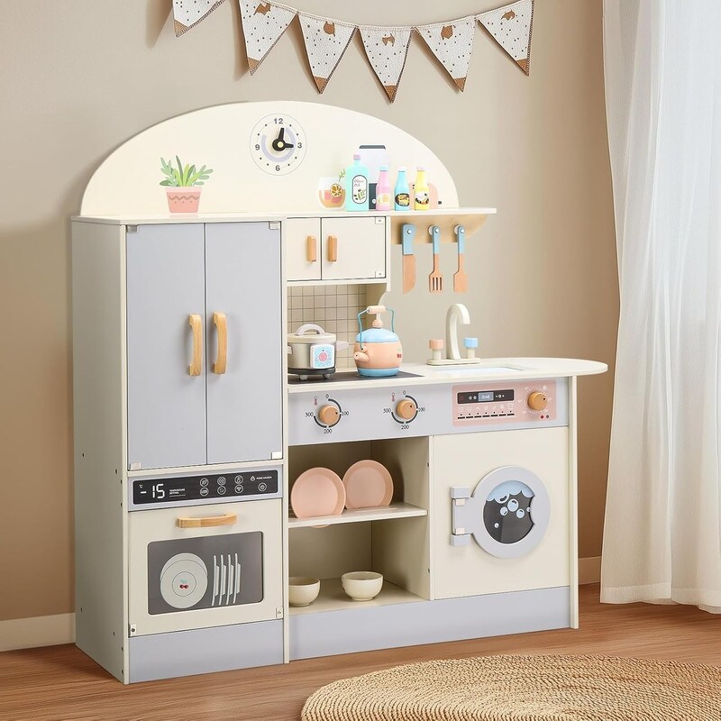 Wooden Play Kitchen with Toy Double-Door Refrigerator & Cooking