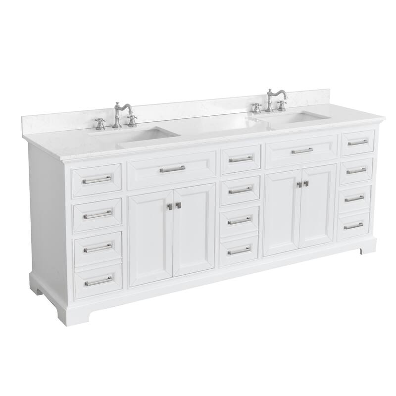 Prismarble Bathroom Vanity 84" White with Marble Top & Backsplash, Double Sinks