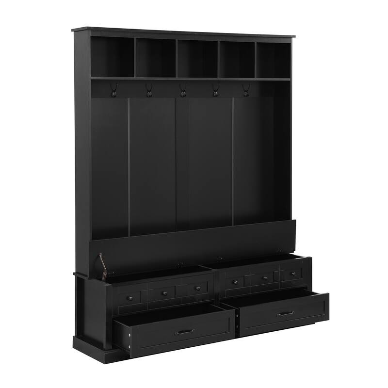 Elegant Wide Hall Tree with 5 Hooks, Versatile Entryway Lift Top Storage Bench with 2 Drawers