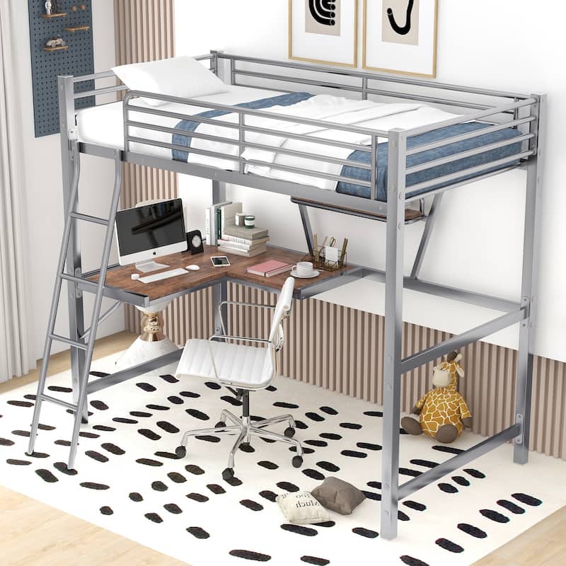 Twin Size Loft Metal & MDF Bed with Desk and Shelf - Sleek and Sturdy