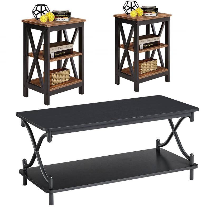 Javlergo Modern 3 Piece Coffee Table Set for Living Room Include Wood Coffee Table and End Table Set of 2