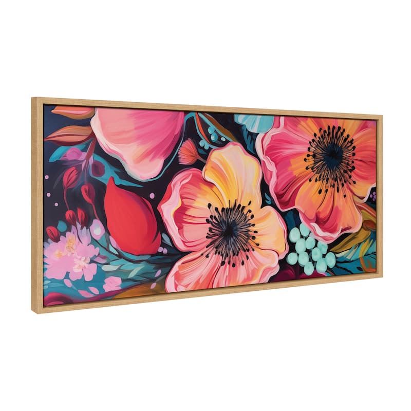 Kate and Laurel Sylvie Preppy Boho Aesthetic Colorful Floral Group Framed Canvas by The Creative Bunch Studio - 18x40 - Brown