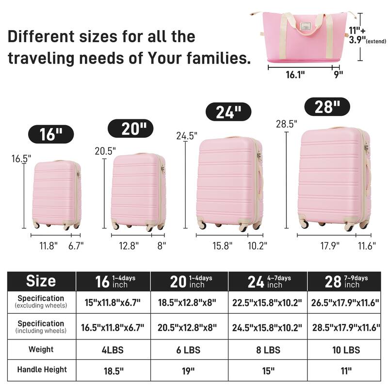 Modern 4 Piece ABS Lightweight Durable Suitcase Set, Hardshell Luggage with TSA Lock and Spinner Wheel & Storage Bags