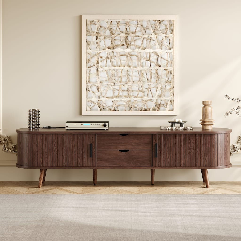 70" Wood TV Stand for TVs up to 80", Retro Media Console Table with Tambour Doors & Drawers, Living Room TV Storage Cabinet