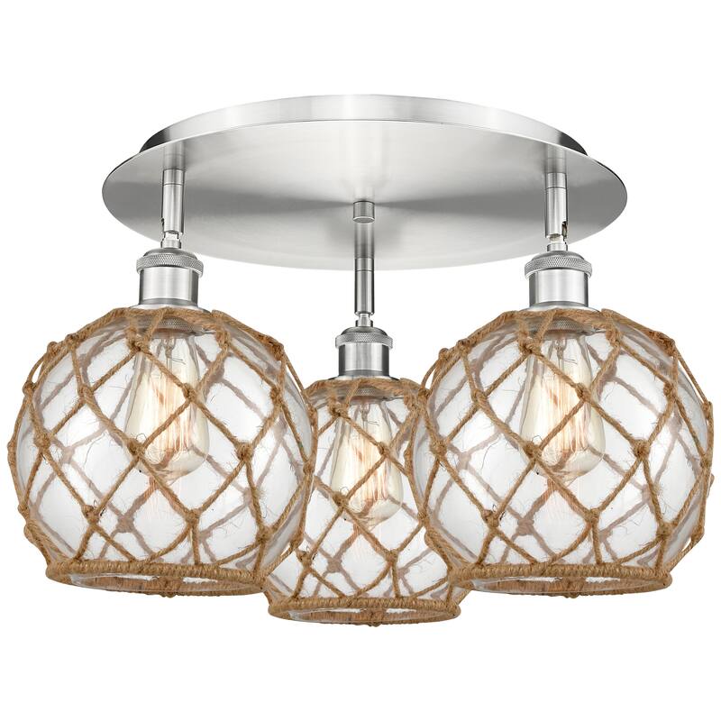 Innovations Lighting Endless Possibilities Ballston - Farmhouse Rope - 3 Light 20" Flush Mount - Clear Glass with Brown Rope/Satin Nickel