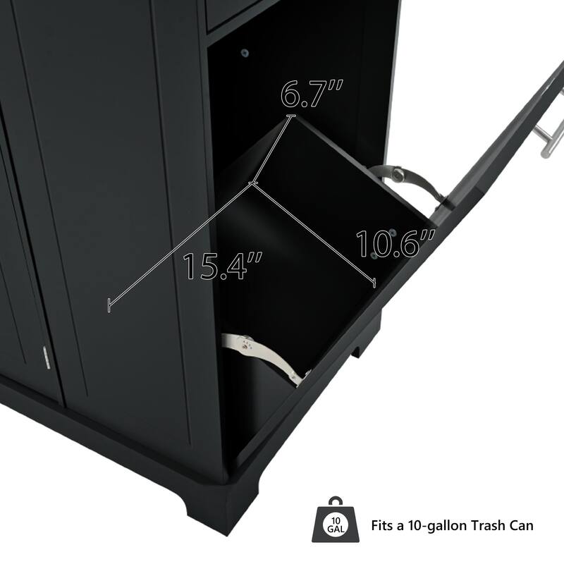 Fluted Kitchen Island with Trash Can Storage Cabinet, Power Outlet, Rolling Kitchen Islands on 5 Wheels with 3 Open Side Racks