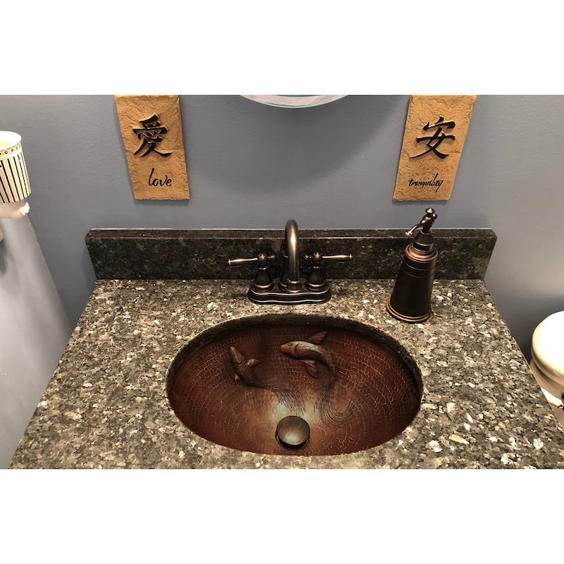 19-in Oval Under Counter Hammered Copper Bathroom Sink with Koi Fish Design (LO19FKOIDB)