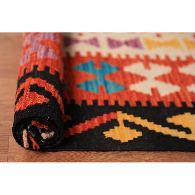 Geometric Trellis Kilim Area Rug Handmade Wool Carpet - 8'8"x 11'4"