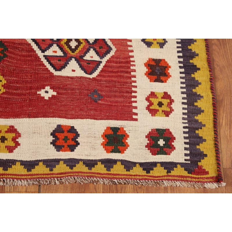 Kilim Qashqai Persian Vintage Rug Hand-Woven Geometric Red Wool Carpet - 4'1"x 6'8"