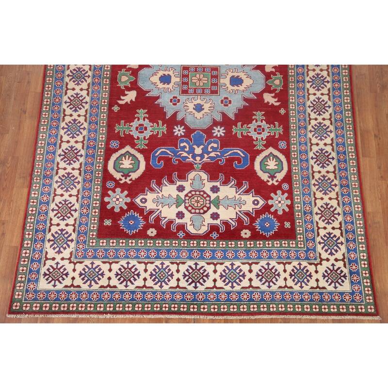 Hand Knotted Oriental 100% Wool Carpet Traditional Geometric Red Kazak Area Rug - 9' 9'' X 6' 6''