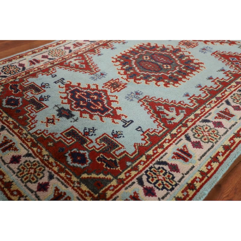 Light Blue Geometric Viss Indian Foyer Rug Handmade Wool Carpet - 2'11"x 4'9"