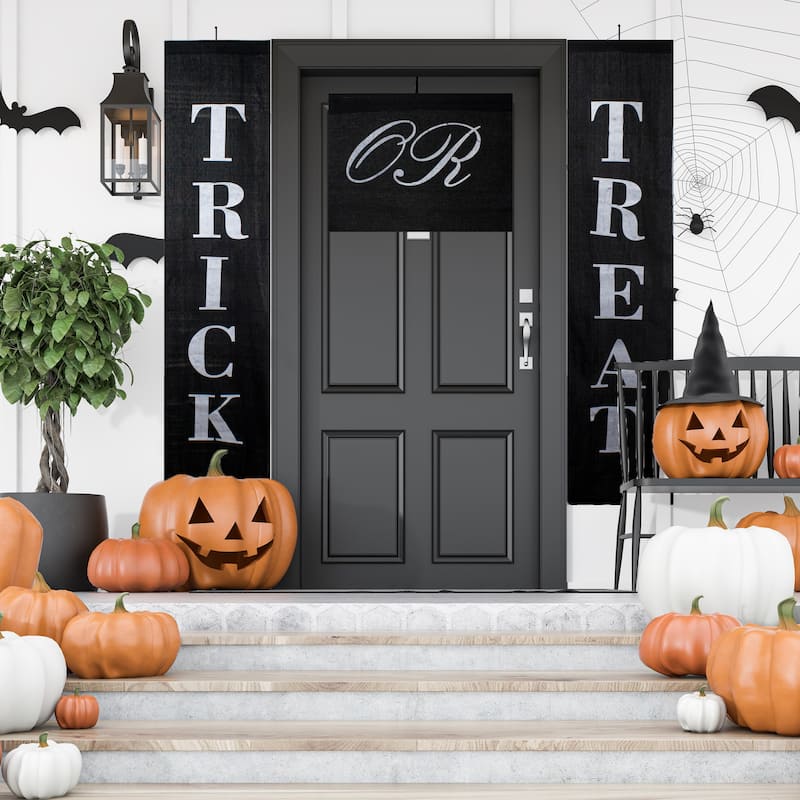 Set of 3 Black White Trick or Treat Outdoor Halloween Banners 19.25"