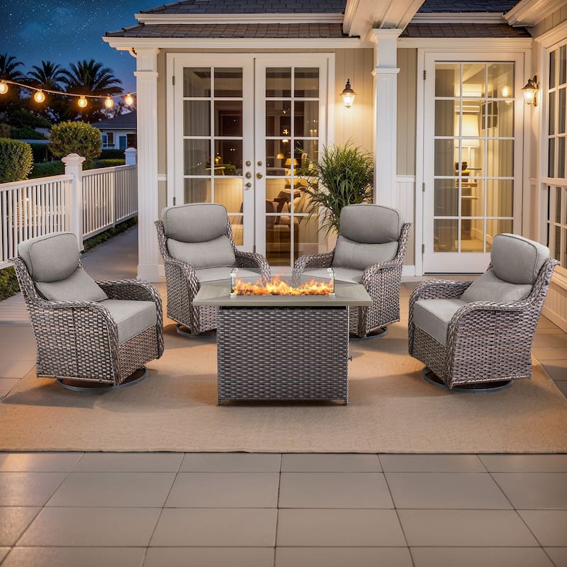 Pocassy 5 Pieces Outdoor 6 Inch Swivel Chair with Fire Pit Table - Gray cushion - Brown Wicker