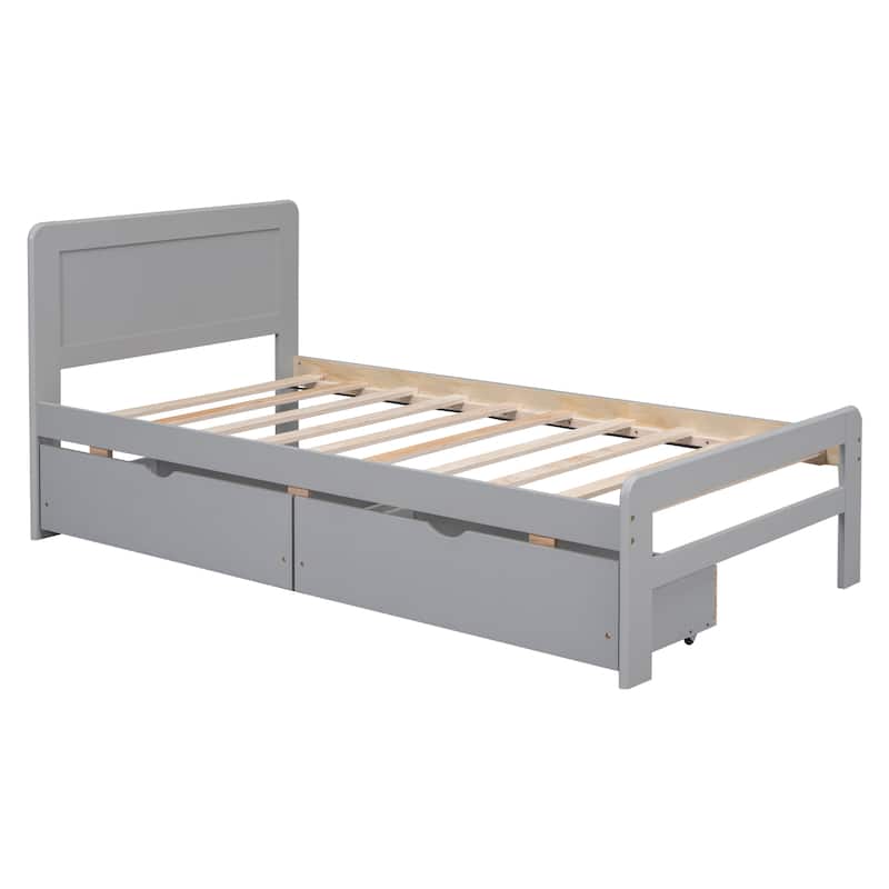 Modern Design Twin Size Platform Bed Frame with 2 Drawers, Grey