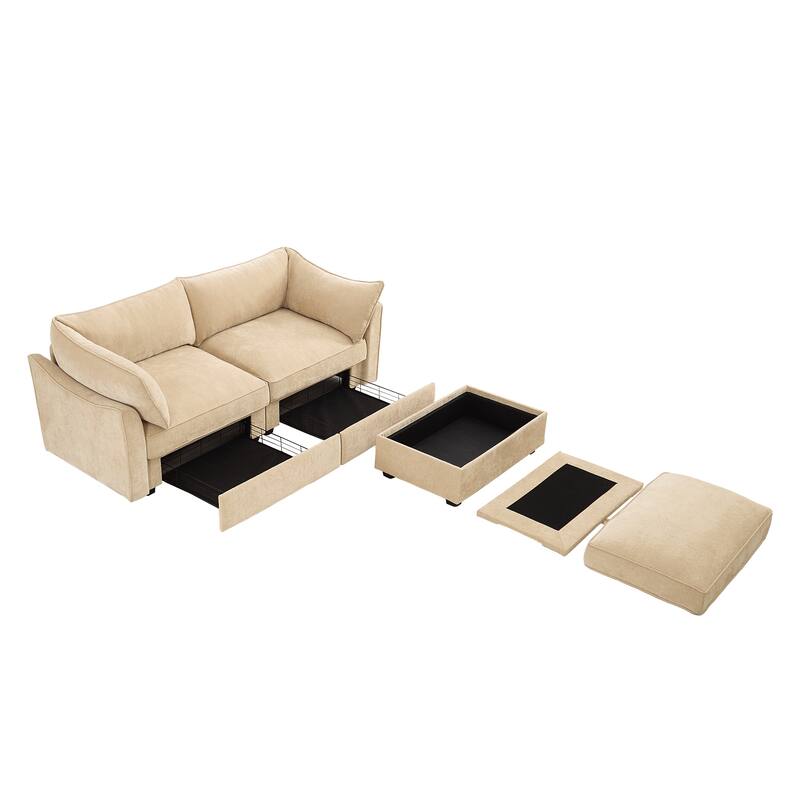 2-Seater Loveseat with 1 Movable Ottoman & Pull out Storage Drawer Under Seat