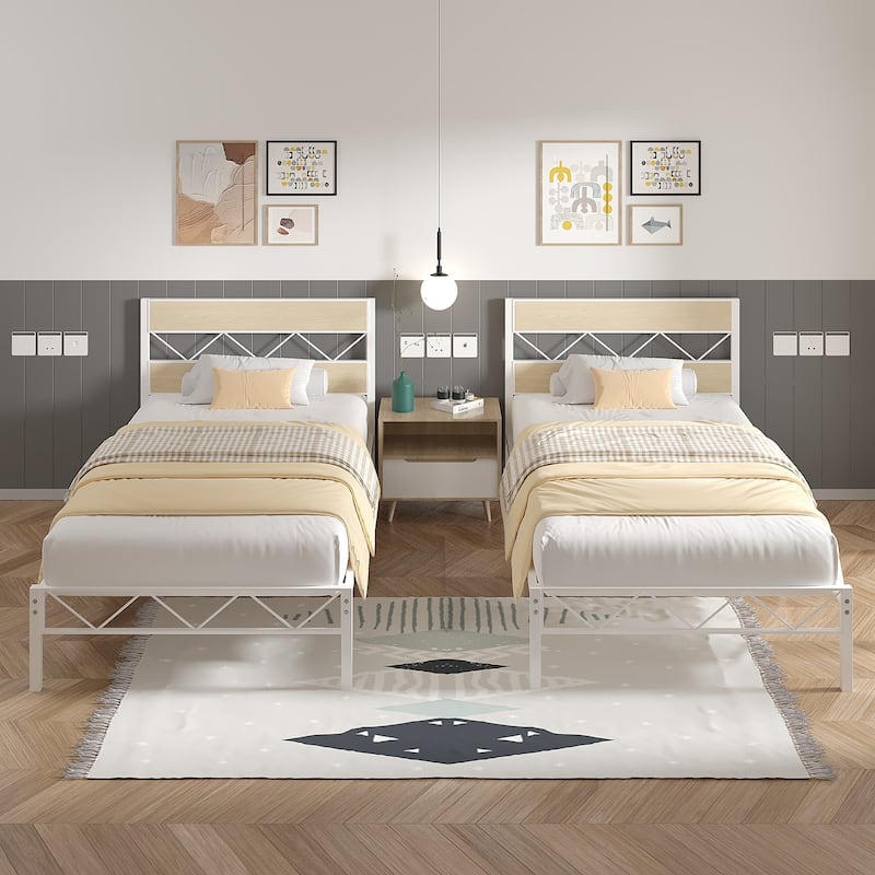 Twin Size Bed Frame Sett Metal Platform Bed with Wood Headboard Footboard Set of 2 - White/Natural