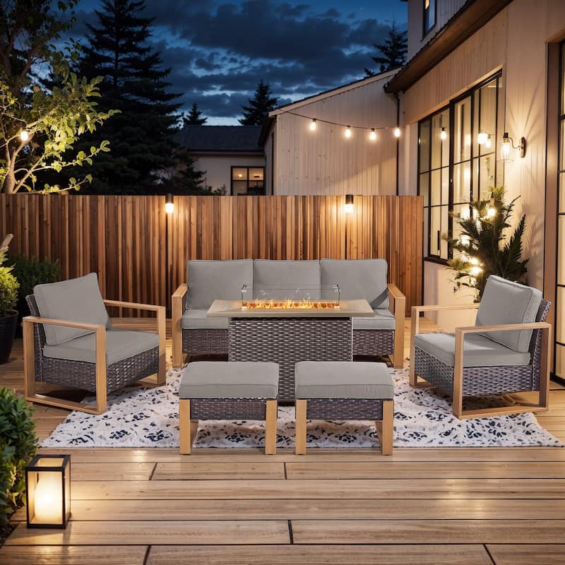 Pocassy Fire Pit Table with Outdoor Sofa Chair Ottoman Set - Brown Wicker Gray Cushion - 6-Piece Sofa Patio Chair Ottoman with Fire Table