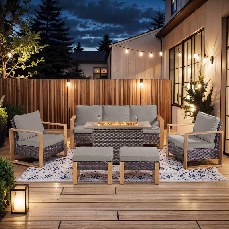 Pocassy Outdoor Wicker Sofa Patio Chair with Fire Table Set - Brown Wicker Gray Cushion - 6-Piece Sofa Patio Chair Ottoman with Fire Table