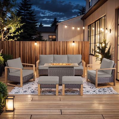 Pocassy Outdoor Wicker Sofa Patio Chair with Fire Table Set