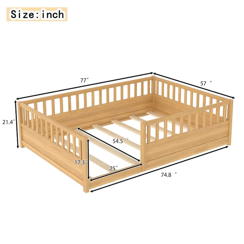 Floor Bed Pine Wood Bed Frame with Fence for Kids Easy Assembly