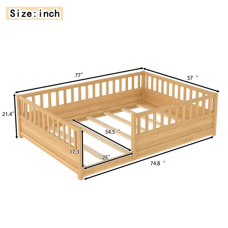 Full/Twin Montessori Floor Bed with Security Barrier & Door - Children's Wooden Bed Frame