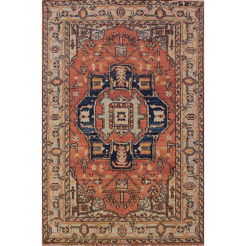 Orange Heriz Serapi Vegetable Dye Accent Rug Handmade Wool Carpet - 3'2"x 4'8"