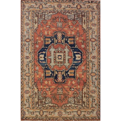 Orange Heriz Serapi Vegetable Dye Accent Rug Handmade Wool Carpet - 3'2"x 4'8"