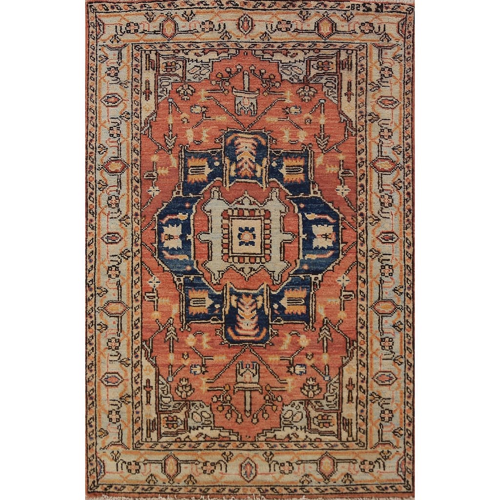 Orange Heriz Serapi Vegetable Dye Accent Rug Handmade Wool Carpet - 3'2"x 4'8"