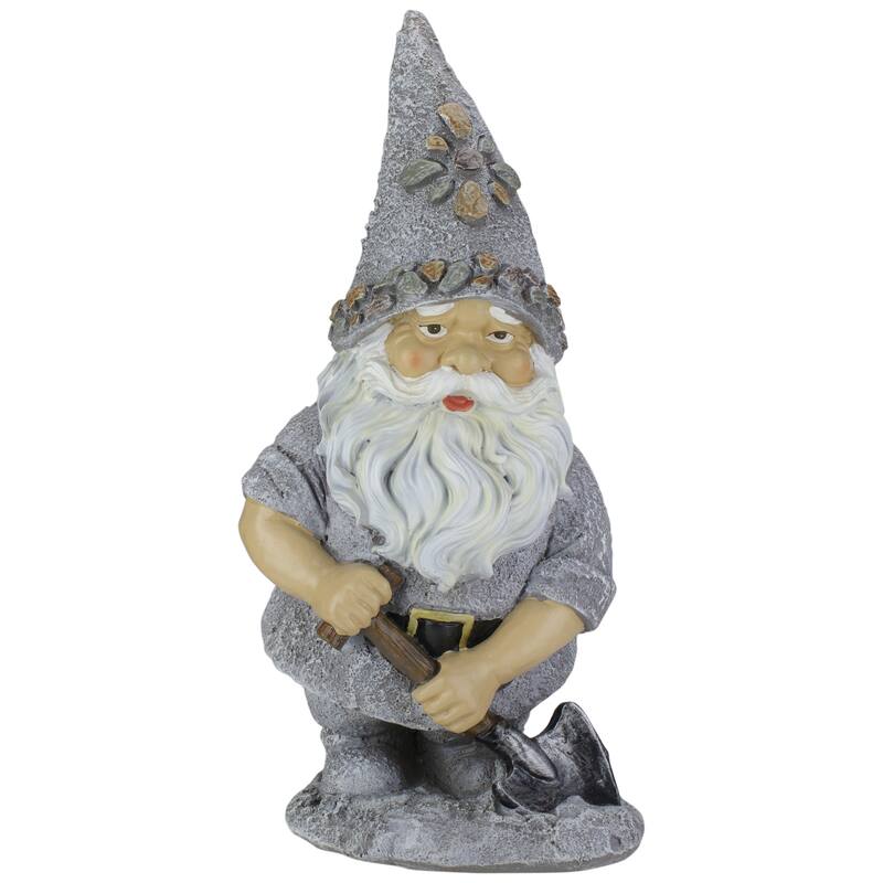 13.25" Pebble Gnome with Shovel Outdoor Garden Statue